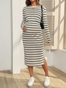 SHEIN 孕妇条纹圆领长袖侧开衩休闲哺乳连衣裙 - 杏色 - 查看 4