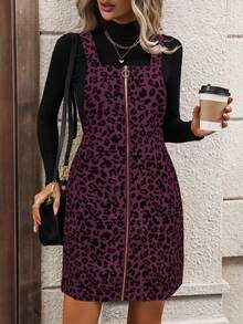 EMERY ROSE Gaun Kasual Wanita Motif Leopard Musim Gugur dengan Resleting, Kerah, dan Saku, Dilengkapi Tali Bahu. - Burgundy - View 4