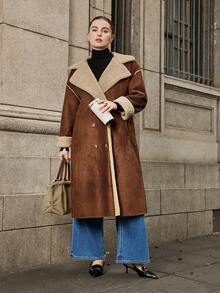 Easura Plus Size Women Faux Shearling Long Sleeve Mid-Length Jacket, Fashionable Winter Fall Autumn