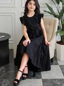 Tween Girls Layered Ruffle Sleeve & Pleated Hem Dress - Black - View 8