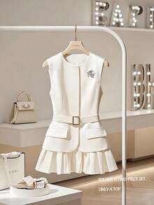 SHEIN Clasi Women's Rhinestone Decor Sleeveless Ruffle Hem Elegant Blouse - White - View 1