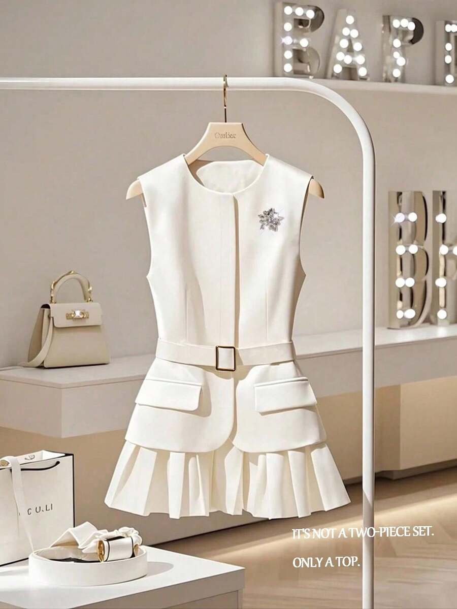 SHEIN Clasi Women's Rhinestone Decor Sleeveless Ruffle Hem Elegant Blouse - White - View 1