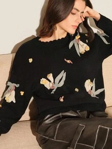 Anewsta Women's Fashionable 3D Floral Embroidery Long Sleeve Knit Sweater, Versatile Pullover Sweater For Autumn/Winter, Christmas