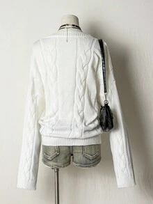 EgrlEra Áo len nữ dài tay cổ tròn màu trơn, kiểu dáng đơn giản, thích hợp mặc hàng ngày, áo len chui đầu mùa thu đông. - trắng - Xem 2