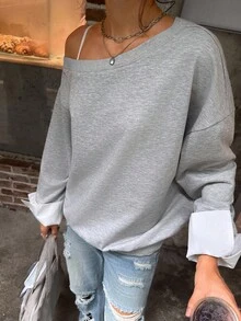 Jouncy Women's Casual Loose Fit Dropped Shoulder Long Sleeve Sweatshirt, Autumn Fall Cloth For Women - Grey - View 6