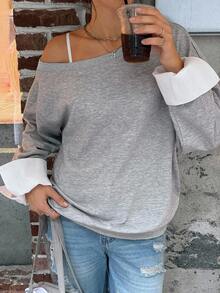 Jouncy Women's Casual Loose Fit Dropped Shoulder Long Sleeve Sweatshirt, Autumn Fall Cloth For Women - Grey - View 7