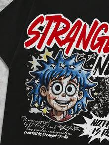 ROMWE MEN Street Life Camiseta casual de hombre con estampado de lema de dibujos animados, verano