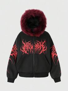 ROMWE MEN Goth 男士图案印花保暖内衬连帽毛领运动衫，秋冬款 - 黑色 - 查看 4