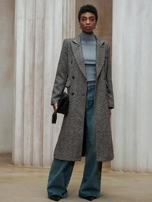 Aveloria Modichic 女士宽松人字纹羊毛大衣，优雅通勤风格 - 深灰色 - 查看 3