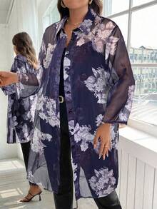 SHEIN Clasi 大码优雅复古七分袖长款花卉印花雪纺衬衫