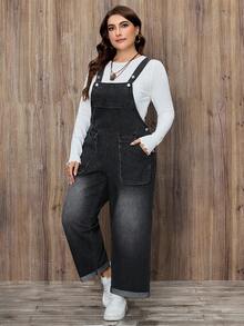 EMERY ROSE Plus Size Black Plus Size Pocket Flap Button Decor Casual Denim Bib Pants - Light Grey - View 3