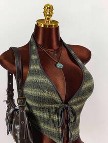 Amplova 复古野绿色梅拉德针织短款露背背心和超短短裤两件套，秋季 - 彩色 - 查看 5