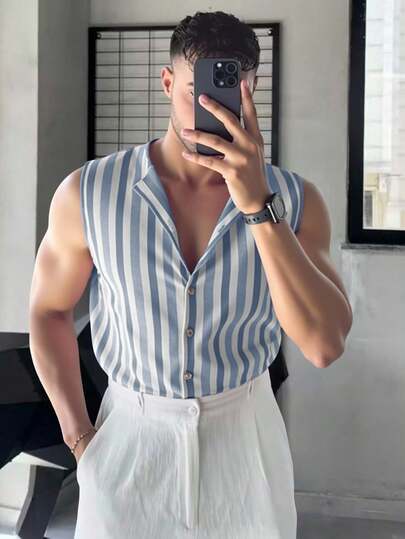 Claim Dot Contrast Stripe Sleeveless Knit Top For Men Summer , Striped Shirt