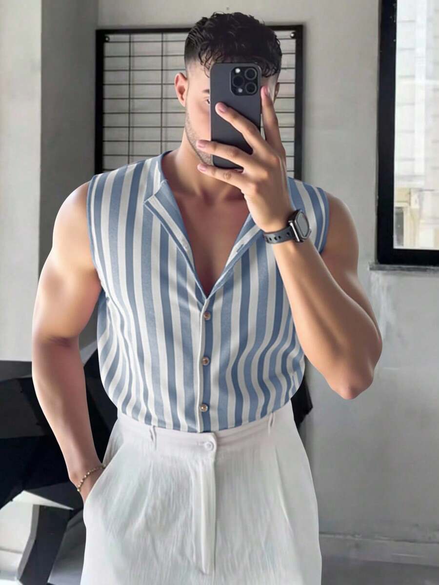 Claim Dot Contrast Stripe Sleeveless Knit Top For Men Summer , Striped Shirt - Blue and White - View 1