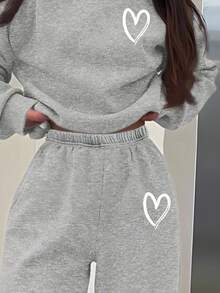 SHEIN Leap Crew 简约心形图案基本款运动服，少女休闲简约圆领长袖厚款运动衫和裤子两件套，适合秋冬季 - 灰色 - 查看 3