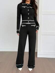 SHEIN PETITE 2 Stücke Damen Kontrast-Farbblock Knopfleiste Taschen Langarm Oberteil und Hose Set 2-teiliges Set für Herbst/Winter