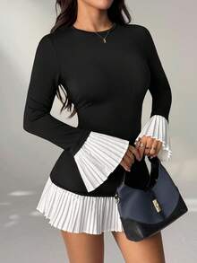 SHEIN PETITE Rochie de vară scurtă și elegantă pentru femei, cu guler rotund și mânecă lungă, culoare solidă, cu imprimeu floral, stil casual - Negru - Vizualizare 8