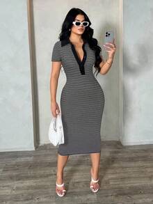 SHEIN SXY 女士休闲简约时尚通勤风格短袖黑白条纹 Polo 衫连衣裙，针织高弹修身中长连衣裙，法式优雅连衣裙