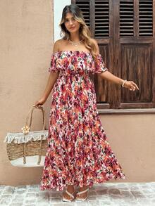 Flirla 浪漫假期雪纺褶饰喇叭短袖长裙 - 白色 - 查看 5