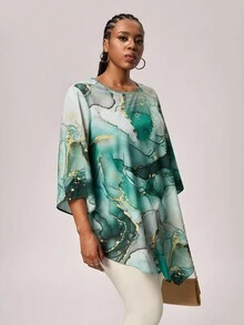 SHEIN Tall CURVE 大码休闲简约全印花衬衫，适合秋季 - 綠色 - 查看 6