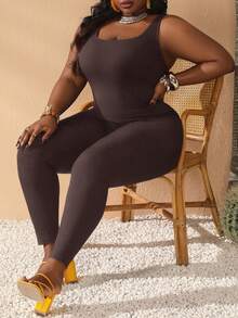 Slaydiva Slayr Basic Casual Elastic Knit Plus Size Jumpsuit - Brown - View 6