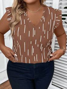 SHEIN EMERY ROSE CURVE Camisa casual con cuello en V, volantes y estampado floral para tallas grandes - Marrón - Ver 4