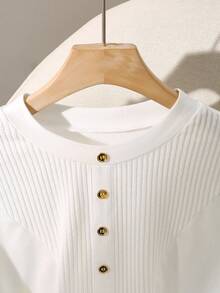 GlowEve Women's Casual Everyday Simple Solid Color Ribbed Gold Button Cardigan T-Shirt, Spring/Autumn Fall Cloth For Women - White - View 5