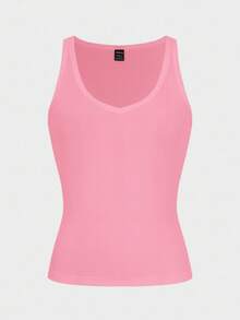 SHEIN Ribbed Knit Camisole Crop Top With Built In Bra,Soft Pink V-Neck Sleeveless Tight Tank Top,Summer Casual City Break Style For Women - Pink - View 6