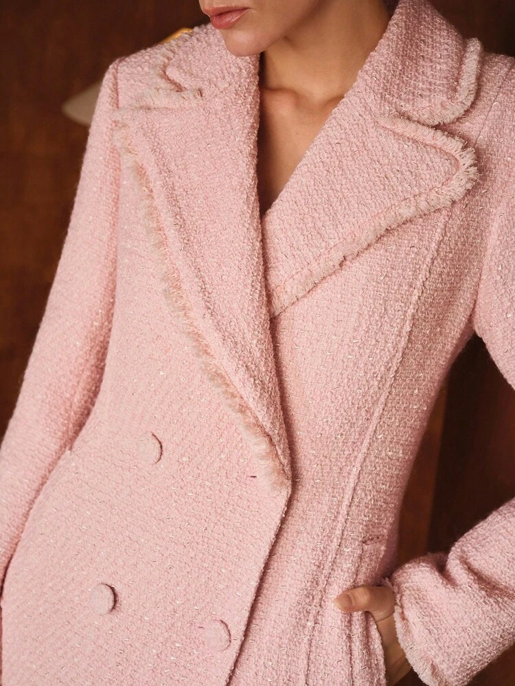 ELEGANT DATE NIGHT ROMANTIC THICK TWEED CINCHED WAIST A-LINE LONG WOOL OVERCOAT, AUTUMN/WINTER