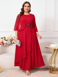 Reflora 大码纯色荷叶边网眼拼布优雅连衣裙 - 紅色 - 查看 4