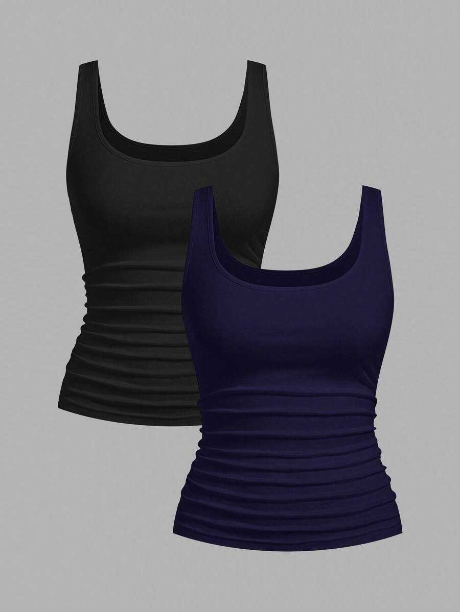 Slaydiva Black & Navy Blue Women's Casual Crew Neck Ruched Bodycon Tank Top Set, Versatile For Daily Wear - Multicolor - View 1