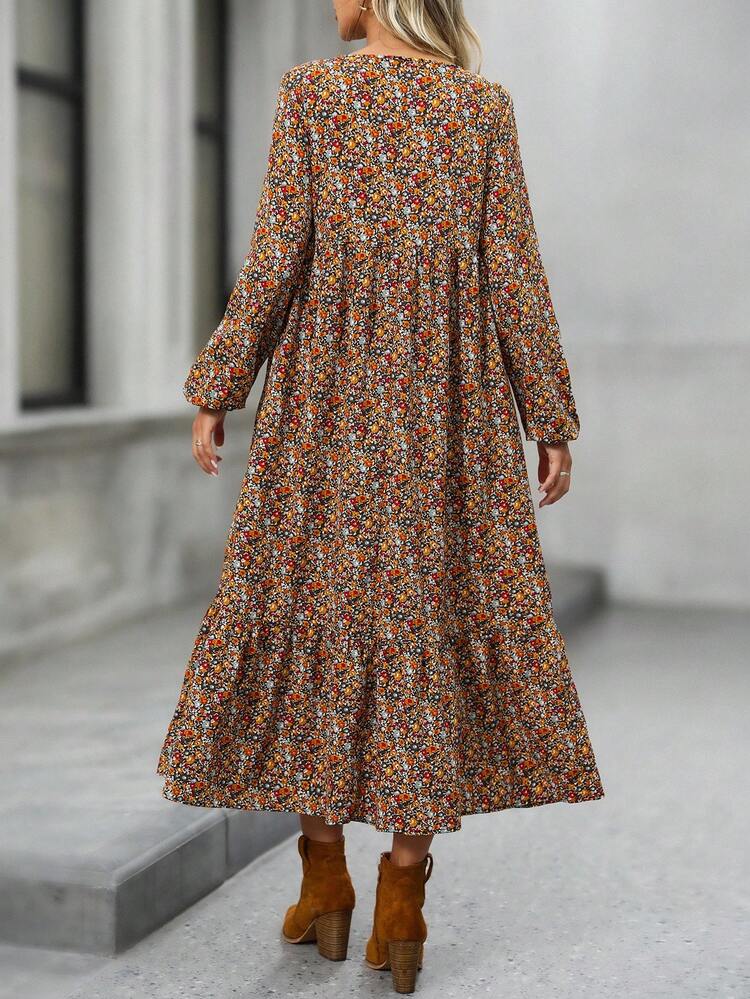 Women's Ditsy Floral Tie Neck Lantern Sleeve Ruffle Hem Loose Casual Dress  Fall Dresses For Women Autumn Dress Long Floral Dress Women Long Sleeve Floral Dress Floral Midi Dress Dresses For Women Casual Casual Dresses For Women