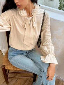 Serisse Blusa suelta con cuello de corbata con volantes y mangas acampanadas, elegante para mujer, primavera/otoño - Albaricoque - Ver 3