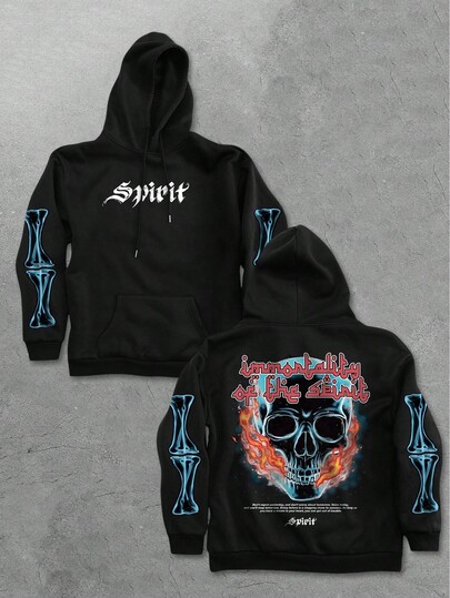 Goth Men's Black Hoodie With Comfortable Flame Skull Graphic Print