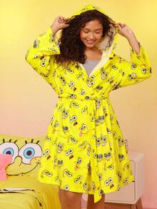 SpongeBob SquarePants | SHEIN 加大码卡通图案连帽长袖抓绒长袍，秋冬季舒适保暖套装 - 黃色 - 查看 4