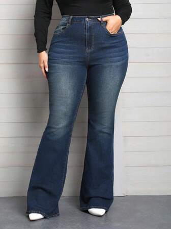 EMERY ROSE 冬用 プラスサイズ レディース ハイウエスト ポケット付き カジュアル ストレッチ フレアジーンズ