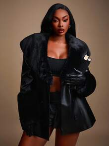 Radiana 大码女装秋冬优雅华丽性感基础款PU皮革拼接人造毛皮双排扣学院风保暖外套，适合嘻哈、休闲、街头风、西式穿搭、音乐节、复古、极简主义、老钱风、层次感丰富的场合，例如演唱会、嘉年华派对、度假、外出、假期、假日、约会、聚会、生日、单身派对、休息、锐舞派对、简约、时尚、夜店、可爱、休闲、购物、街头风、外出、Y2K、Y3K风格，易于搭配 - 黑色 - 查看 4