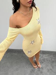 Flirla New Sexy Asymmetrical Shoulder Starfish Sequin Embroidered Knit Mini Bodycon Dress, Fashionable Flare Sleeve For Vacation Fall Winter Cloth For Women - Yellow - View 1