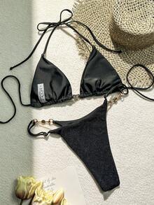 Swim Basics 夏日海滩女士闪亮比基尼套装音乐节 - 黑色 - 查看 2