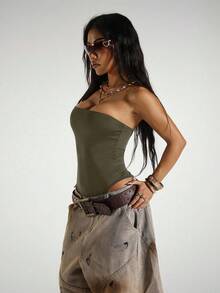 StreetHx Streetwear Women's Sleeveless Bandeau Bodysuit, Summer - Army Green - View 6