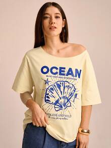 CAJUNI T-shirt ample à manches courtes asymétrique pour femmes en vacances avec imprimés de coquillages, d'étoiles de mer et d'hippocampes. Polyvalent pour l'été