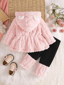 SHEIN Baby Girls' Bear Embroidery Hooded Fluffy Zip-Up Jacket And Fluffy Pants Suit, Adorable For Autumn/Winter Fall - Pink - View 2