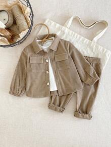 SHEIN 2pcs/Set Baby Boy Corduroy Long Sleeve Button Pocket Shirt And Elastic Waist Pants Set, Casual Elegant Style Suitable For Tops, School, Leisure, Vacation, Sports, Home, Spring/Summer, 6M-3T, Children Clothing, Infant Clothing, Baby Apparel, Toddler Shirt, Toddler Top Khaki Baby Outfit Mocha Baby Clothes Baby Corduroy Outfit Brown Baby Clothes Toddler Corduroy Set Fall Winter - Brown - View 1