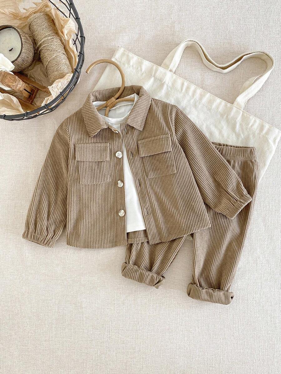 SHEIN 2pcs/Set Baby Boy Corduroy Long Sleeve Button Pocket Shirt And Elastic Waist Pants Set, Casual Elegant Style Suitable For Tops, School, Leisure, Vacation, Sports, Home, Spring/Summer, 6M-3T, Children Clothing, Infant Clothing, Baby Apparel, Toddler Shirt, Toddler Top Khaki Baby Outfit Mocha Baby Clothes Baby Corduroy Outfit Brown Baby Clothes Toddler Corduroy Set Fall Winter - Brown - View 1