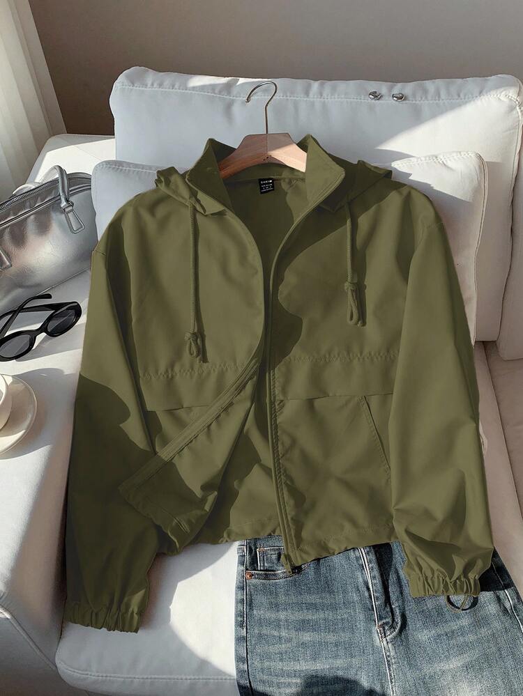 Comfortcana Chaqueta con capucha de manga larga con protección solar con cremallera, tejida en verde militar, para mujer en otoño/invierno - Verde militar - Añade 1