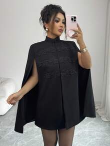 Elenzga معطف صوفي أنيق بطول متوسط ذو ياقة زهرية بلون أحادي، مناسب للتنقل في فصلي الخريف والشتاء - الأسود - مشاهدة 1