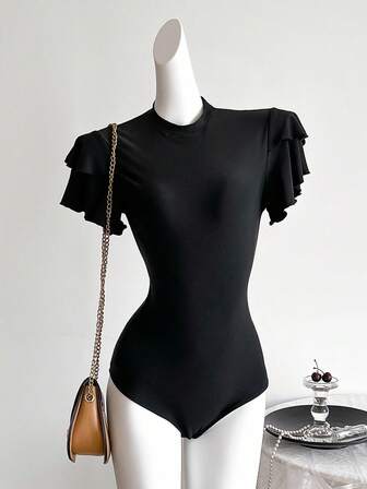 Sweetra Young Elegant enfärgad stående krage med volangärm och casual jumpsuit för tonårsflickor