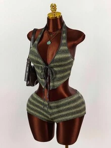 Amplova 复古野绿色梅拉德针织短款露背背心和超短短裤两件套，秋季 - 彩色 - 查看 7