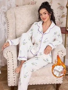 CottageSlumber 双面印花法兰绒蓬松睡衣套装，舒适优雅细节抓绒睡衣，秋冬服装 - 紫色 - 查看 4