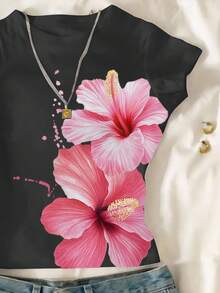 Sparklyn 青少年女孩休闲花卉印花短袖修身短款 T 恤，夏季 - 黑色 - 查看 3